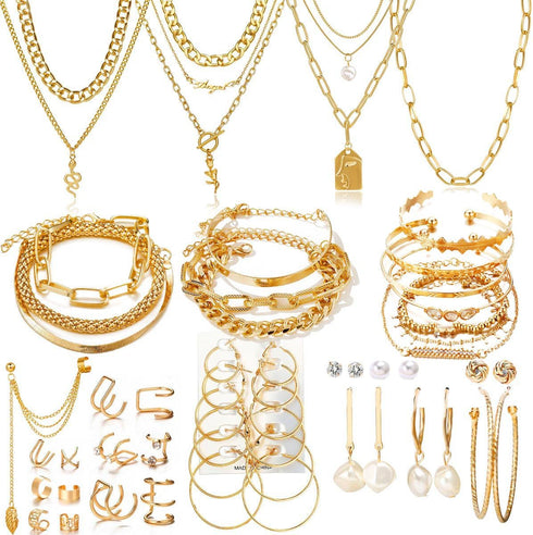 57 PCS Gold Silver Jewelry Set With 4 PCS Necklace, 3 PCS Bracelet, 14 PCS Ear Cuffs Earring, 12pcs Hoop Earrings,24pcs stud earrings for Women Fo...