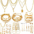 57 PCS Gold Silver Jewelry Set With 4 PCS Necklace, 3 PCS Bracelet, 14 PCS Ear Cuffs Earring, 12pcs Hoop Earrings,24pcs stud earrings for Women Fo...
