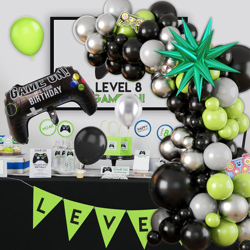 Video Game Balloon Arch, Green Black Balloon Arch Garland, Light Lime Green Black Grey Latex Balloons Star Gamepad Foil Balloon Helium for Boys Me...