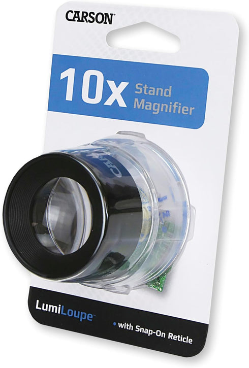 Carson LumiLoupe 10x Power Pre-Focused Stand Magnifier With Dual Lens and Snap-On Reticle (LL-20)...