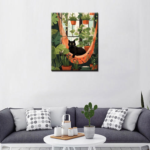Cat and Pottings DIY Paint by Numbers for Adults Black Cat Laying on Hammock Surrounded by Green Plants DIY Oil Painting Acrylic Paint Art Graffit...