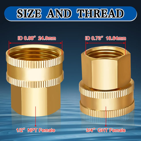 Boltigen 2PCS Brass Garden Hose Fittings, 3/4 GHT Female x 1/2 NPT Female Swivel Adapter, 3/4GHT to 1/2NPT Brass Swivel Pipe Connector for Garden...