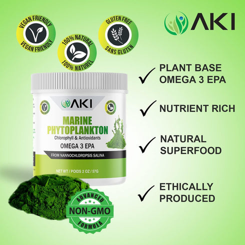 AKI Marine Phytoplankton Powder | Source of Raw Omega-3 EPA Micro Algae Nannochloropsis - Plant Based Proteins, Vitamins for Overall Wellness | Co...
