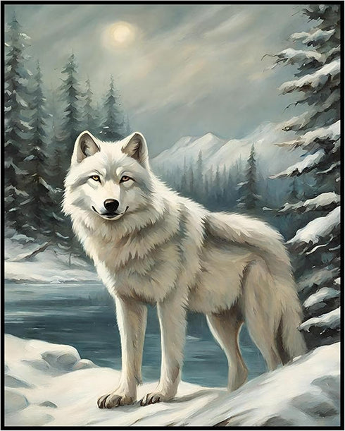 Posterizer 1 pcs-white arctic wolf in snowy nature-oil painting style -4-Art for Animal Lovers-Landscape & Nature Art-Decor for Home & Office- unf...