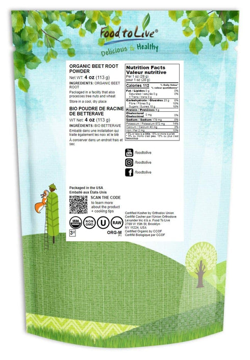 Food to Live Organic Beet Root Powder, 4 Ounces — Non-GMO, Raw, Kosher, 100% Pure, Vegan Superfood, Bulk, Rich in Iron and Fiber, Great for Juices...