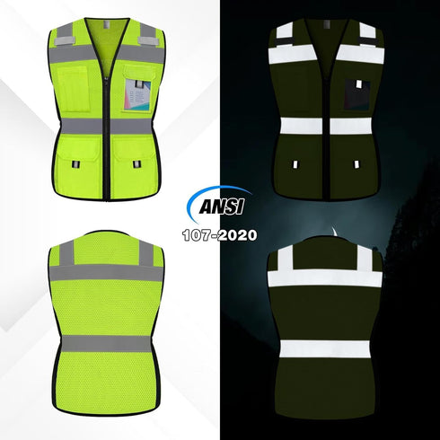 Reflective Vest for Women, Mesh Womens Safety Vest with 11 Pockets and Zipper, Hi Vis Neon Construction Work Vest for Lady Surveyors/Workers, Snug...