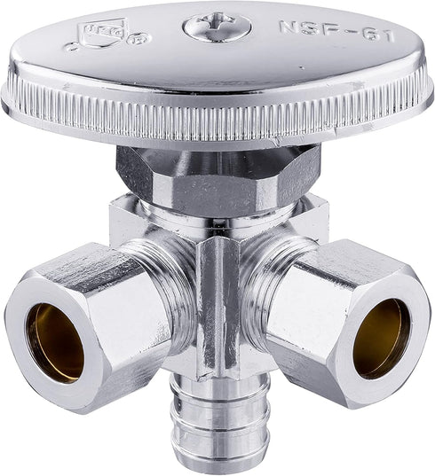 (Pack of 2) EFIELD Dual Outlet Angle Stop Valve, 1/2" Pex-b Crimp Connection Inlet x (3/8 inch x 3/8 inch) Compression Outlet...