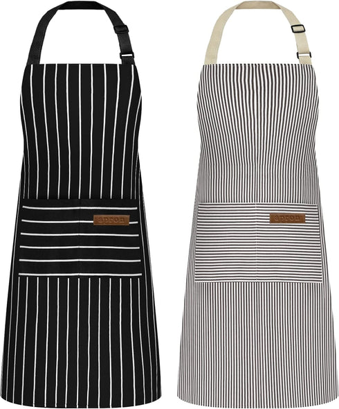 2 Pack Aprons for Women with Pockets, Soft Chef Apron for Men, Adjustable Bib Aprons for Kitchen Cooking BBQ (Black/Brown Stripes)...