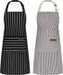 2 Pack Aprons for Women with Pockets, Soft Chef Apron for Men, Adjustable Bib Aprons for Kitchen Cooking BBQ (Black/Brown Stripes)...