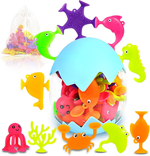 Suction Bath Toys for Kids, 18 Pcs Silicone Ocean Animal Suction Cup Toys with Eggshell & Bag, No Hole Mold Free Bath Toy, Sensory Window Building...