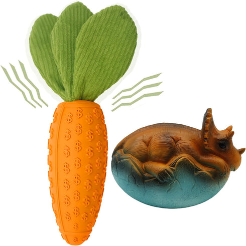 Dog Chew Toy, Carrot Dog Squeaky Toys for Aggressive Chewers & Latex Dinosaur Dog Toys, Natural Rubber Milk-Flavored Dog Teeth-Cleaning Toy for Pu...