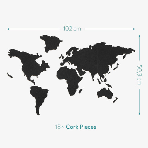 Navaris Cork Board World Map - Self-Adhesive Corkboard Continents for Wall to Pin, Plan, Document Travels - with 18 Cork Pieces and 10 Pins - Blac...