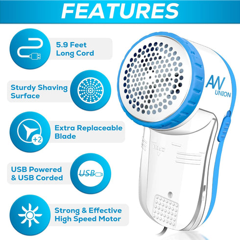 Fabric Shaver Lint Remover, AW union USB Powered Lint Shaver Efficiently Remove Lints from Fabrics, Clothes, Upholstery - 70" Cord - 2 Replacement...