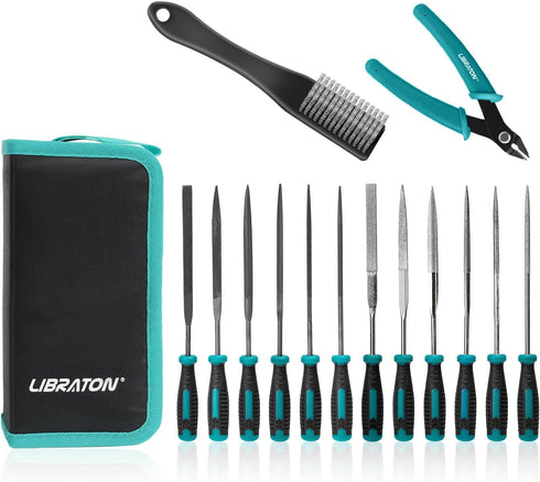 Libraton Needle File Set, Diamond Needle File Set, 14PCS Small File Set, 6 Diamond Files & 6 Carbon Steel Files with Wire Cutter, Steel Brush, Car...