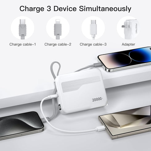Portable Charger Built-in Cables & AC Wall Plug 20000mAh, USB C 27W Fast Charging Power Bank with LED Display, Portable Battery for iPhone 15/14/1...