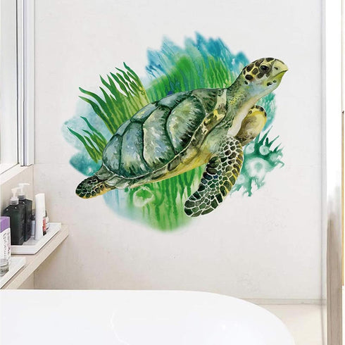 ROFARSO Lifelike Lovely Cute Green Sea Turtle Animal 3D Vinyl Bathroom Wall Stickers Removable Wall Decals Art Decorations Decor for Nursery Baby ...