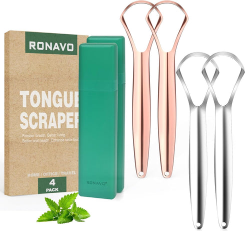 RONAVO Tongue Scraper for Adults (4 PC), Metal Tongue Scraper Rustproof (Travel Cases Included) Reduce Bad Breath, Tounge Scrappers Oral Care, Eas...