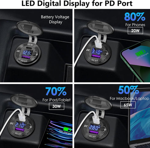 83W 12V USB Power Outlet, Qidoe Aluminum 65W PD USB-C Laptop Charger Socket and 18W QC3.0 Car USB Port with Digital Voltmeter Button Switch Smart ...