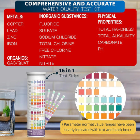 16 in 1 Home Water Testing Kits for Drinking Water -150 Strips for Swimming Pool, Aquarium, Spa, Tap, Well Water - Testing for pH, Lead, Hardness,...