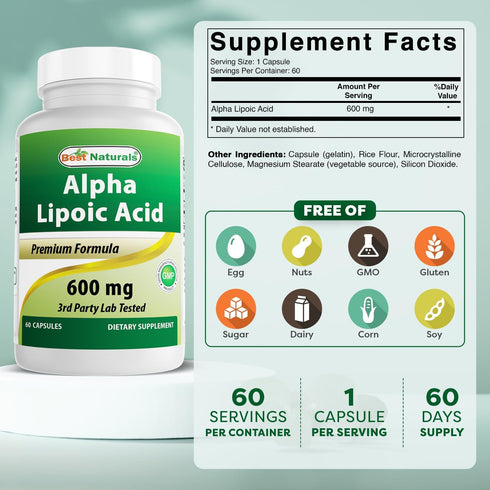 Best Naturals Alpha Lipoic Acid 600 mg 60 Capsules - ALA Powerful Antioxidant (60 Count (Pack of 1))...