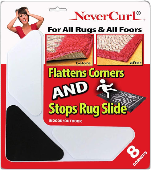 NeverCurl 8PK Rug Corner Grippers - Instantly Flattens Rug Corners Stop Rug Slipping, Stiff Layer Prevent Curling, Renewable Sticky Gel, Easy Lift...