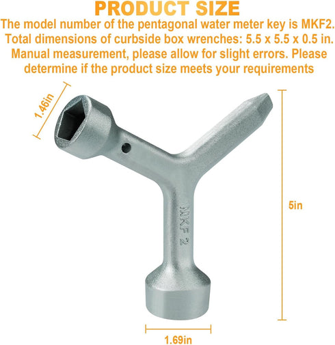 MKF2 Meter Curb Box Key - Fits Standard & Large Pentagon Bolts, Heavy-Duty Silver Shut Off Tool for Water Meter Box & Valve Key - 5.5 Inches...