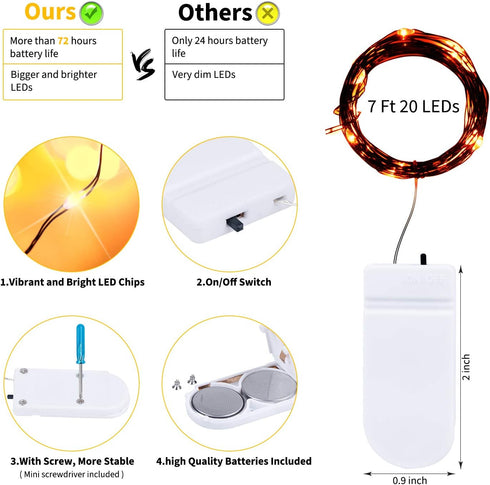 Halloween Orange Fairy String Lights: 12 Pack 7 Ft 20 LED Battery Operated Firefly Lights on Black Wire Starry Moon Lights for DIY Party Bedroom P...