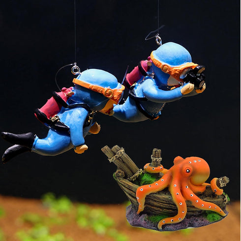 Adventure! Cute Little Diver Fish Tank Decorations, 3 Pack Floating Aquarium Decoration, Funny Fish Tank Decor, Retro Old Octopus Wreck Ornament A...