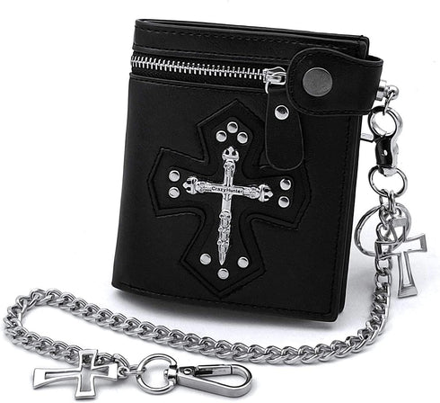 vogueteen Mens Gothic Cross Clasp Black Leather Wallet with Anti-Theft Biker Chain Man Zipper Purse...