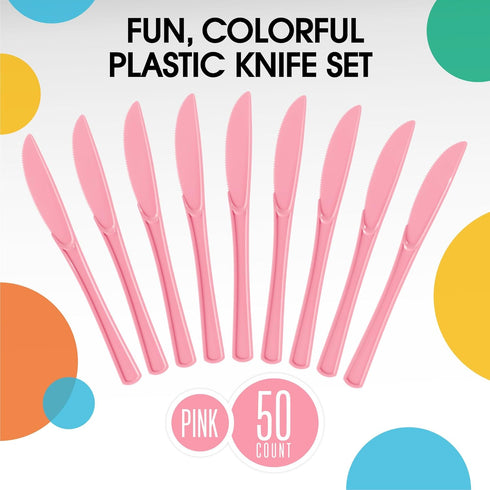Exquisite Disposable Pink Plastic Knives 50 Pcs - Heavy Duty Pink Plastic Disposable Cutlery - Pink Disposable Flatware, Pink Plastic Silverware, ...