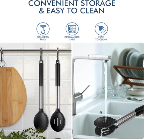 HOTEC Heat Resistant Large Silicone Cooking Spoon, Solid Slotted Spoons, Nonstick Kitchen Cookware Utensils, Mixing, Serving, Stiring Large Spoons...