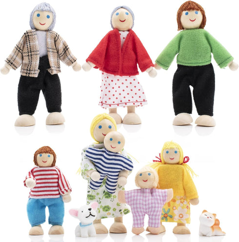 Wooden Doll House People of 8 Miniature Figures and 2 Pets, Dollhouse Dolls Family Set- Dollhouse Accessories for Girls Toddler Kids Pretend Play ...