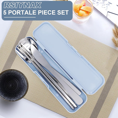 5 Piece Rsiynax Portable Travel Utensils Set with Case, Premium 304 Stainless Steel Camping Utensils Set, Reusable Silverware for Camping, Lunch, ...