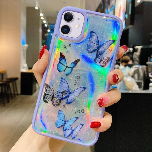 LCHULLE Girly Case for iPhone 11 Case Cute Iridescent Butterfly Design Laser Bling Glitter Stars for Girls Women Soft TPU Bumper Drop Protection C...