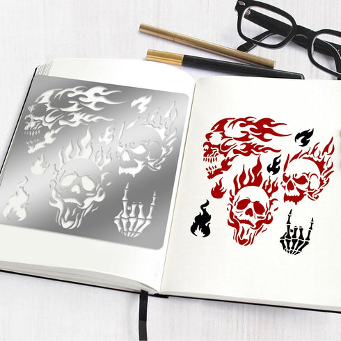 6x6 inch Metal Skull Stencil Fire Skull Pyrography Stencils Template for Halloween Wood Carving, Drawings and Woodburning, Engraving and Scrapbook...