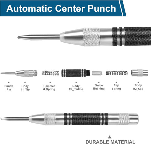 2Pcs Heavy Duty Automatic Center Punch, 5'' Premium Steel Spring Loaded Center Hole Punch, Adjustable Spring Impact Center Marker Scriber Tool for...