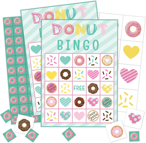 Donut Bingo Cards, 24 Player Sweet Party Bingo Game for Family Adult, Donut Party Favor, Large Group Party Celebration Activity -10...