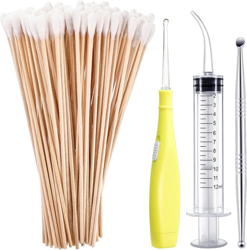 Tonsil Stone Removal Set Includes 1 Stainless Steel Tonsil Stone Removal Tool, 1 Tonsil Stone Remover with LED Light, 100 Long Swabs and 1 Curved ...