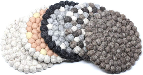 Hand Crafted Felt Ball Wool Trivet Mat from Nepal, 8" Round Pad, Tie Dye Grey...