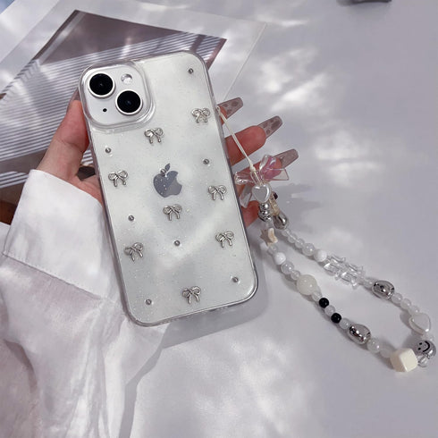Phone Case for iPhone 15 Plus 14 Plus Clear Glitter Cute Bow Knot Aesthetic Girly Phone Case with Phone Charms Chain Bracelet Soft Protective Cove...