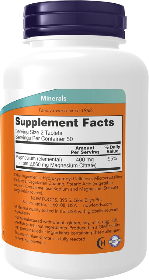 NOW Supplements, Magnesium Citrate 200 mg, Enzyme Function*, Nervous System Support*, 100 Tablets...
