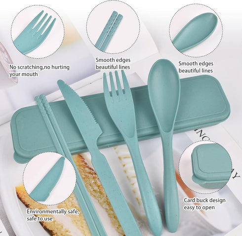 Travel Utensils with Case, 2 Sets Wheat Straw Cutlery Set, Camping Utensils for Lunch Box, Reusable Plastic Utensil Set Knife Spoon Fork Chopstick...
