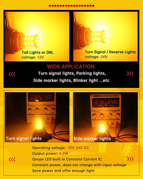 Qoope BAU15S 7507 PY21W LED Bulbs Amber Yellow, Non-polarity 12-24V Super Bright for Turn Signal Tail Brake Lights (Pack of 4)...