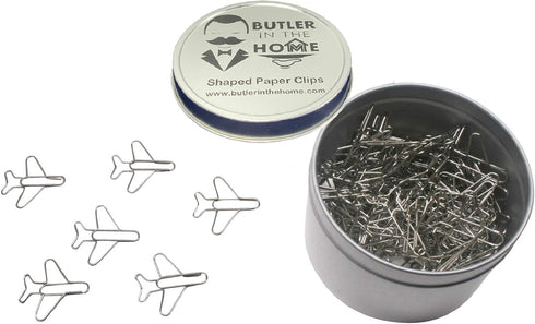 100 Count Airplane Shaped Paper Clips Great for Paper Clip Collectors or Office Gift - Comes in Round Tin with Lid and Gift Box - (Silver)...