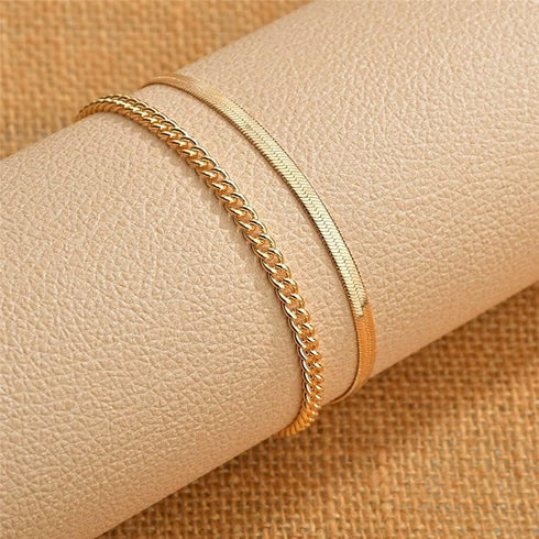 MIDEEO Herringbone Chain Anklet for Women 14K Gold Filled Flat Snake Chain Anklet Dainty Simple Layering Cuban Snake Ankle Bracelet Summer Trendy ...