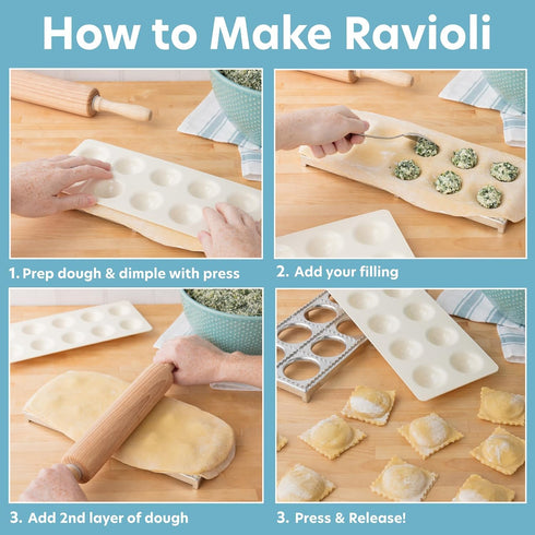 Ravioli Mold with Extra Large 2 1/2 Inch Squares- Authentic Ravioli Tray and Press, Makes 10 Italian Raviolis at a Time, Easy to Use Pasta Maker K...