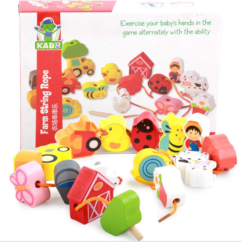Lacing Farm Toy Wooden Block Set, Early Educational Toys String & Lacing Beads Games for Toddlers Kids Farm Animal Learning Play Set (16 Pieces)...