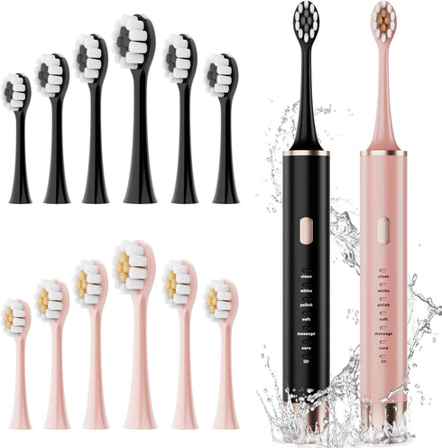 Black & Pink Electric Toothbrush for Adults, 2 Pack Toothbrush?USB Rechargeable Sonic Toothbrush with 12 Brush Heads, Smart Timer, 6 Modes, 2-Hour...