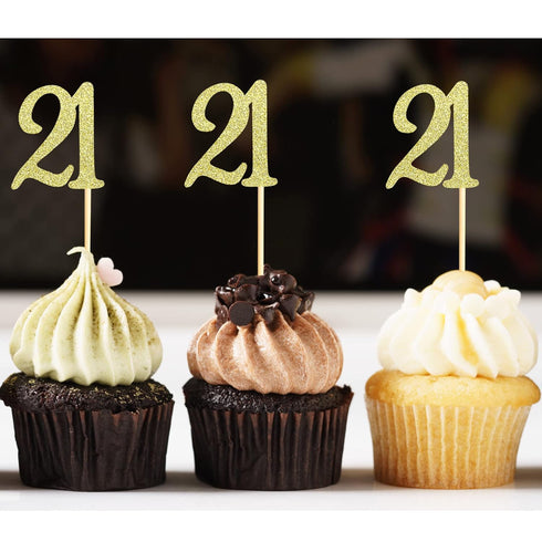 24 PCS 21st Cupcake Toppers - Anniversary or Birthday Cupcake Picks Party Decoration Supplies | Gold 21st...