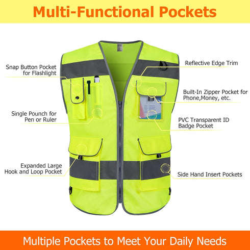 TCCFCCT High Visibility Vest 9 Pockets Reflective Safety Work Vest for Men Women, Hi Vis Construction Vest with Reflective Strips, Meets ANSI/ISEA...